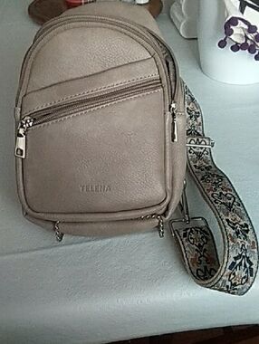 Telena Taupe Crossbody Backpack with Patterned Strap